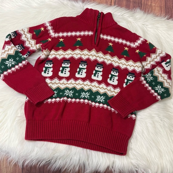 The Children’s Place Red Snowman Fair Isle Quarter Zip Sweater -Boys Size 7/8 - Picture 2 of 15